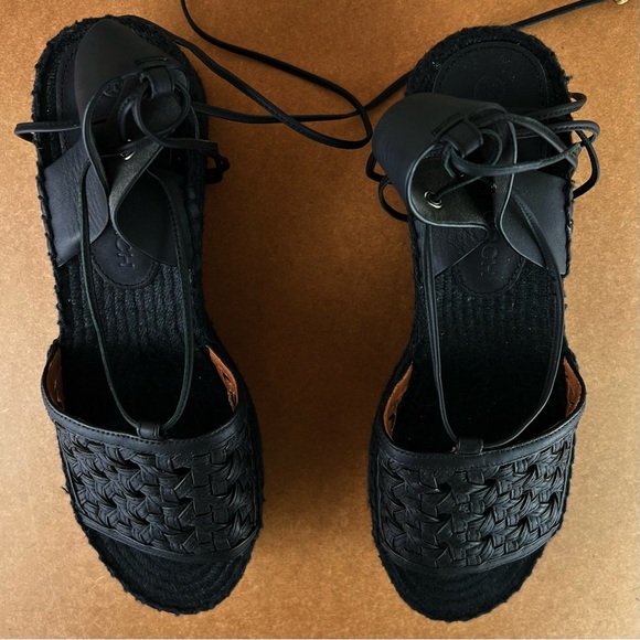 NEW TORY BURCH BLACK BASKETWEAVE PLATFORM ESPADRILLE SANDALS - Picture 12 of 14